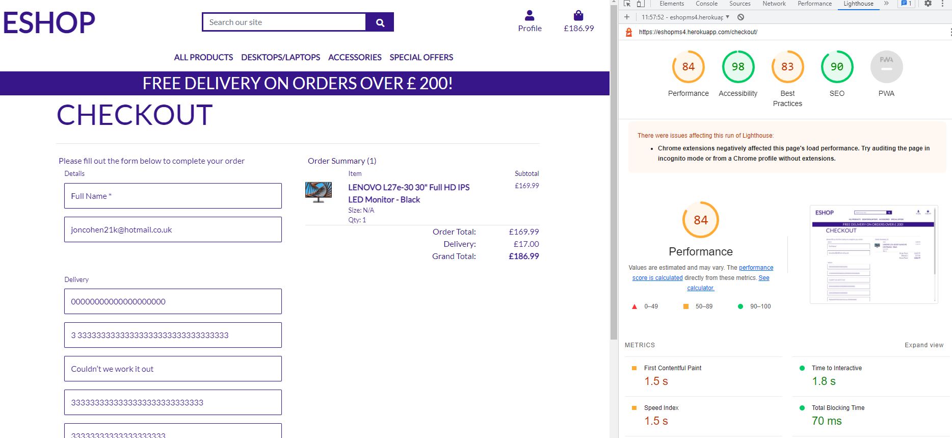 Testing on Lighthouse Reports Login Checkout