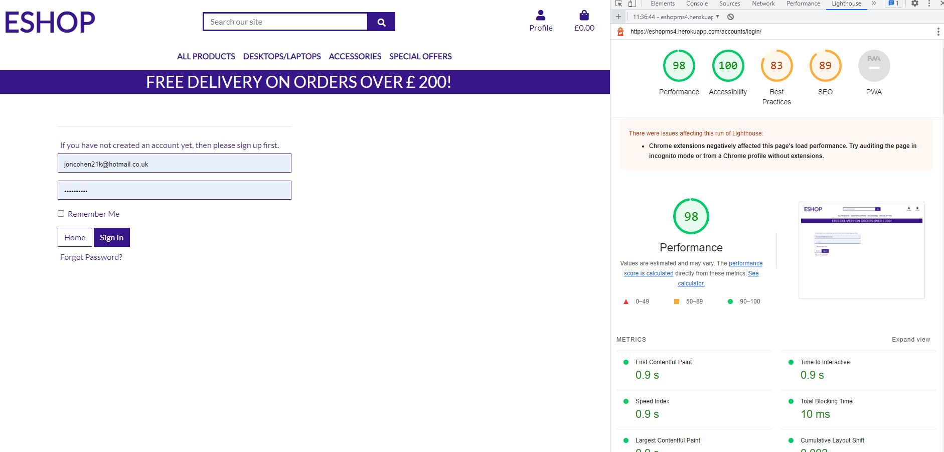 Testing on Lighthouse Reports Login