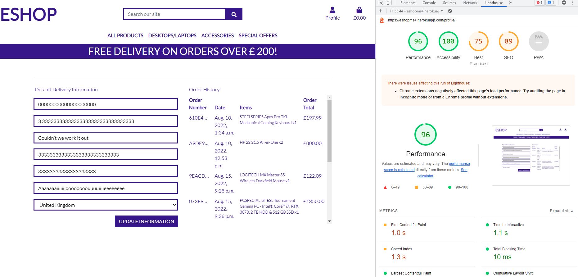 Testing on Lighthouse Reports Profile