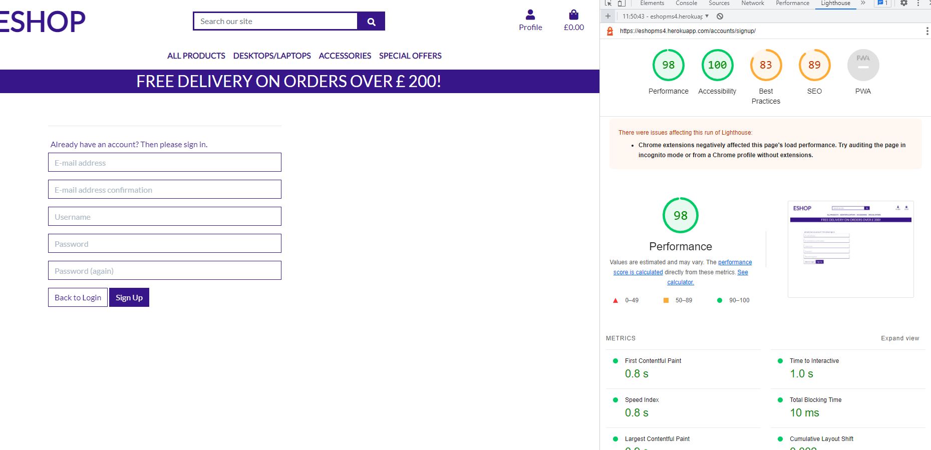 Testing on Lighthouse Reports Register