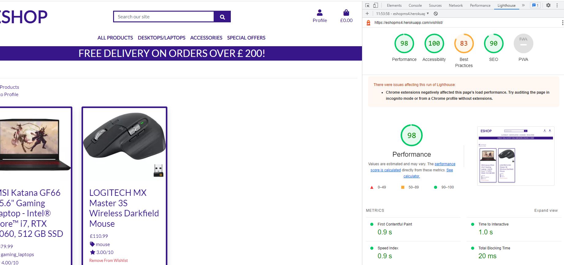 Testing on Lighthouse Reports Wishlist